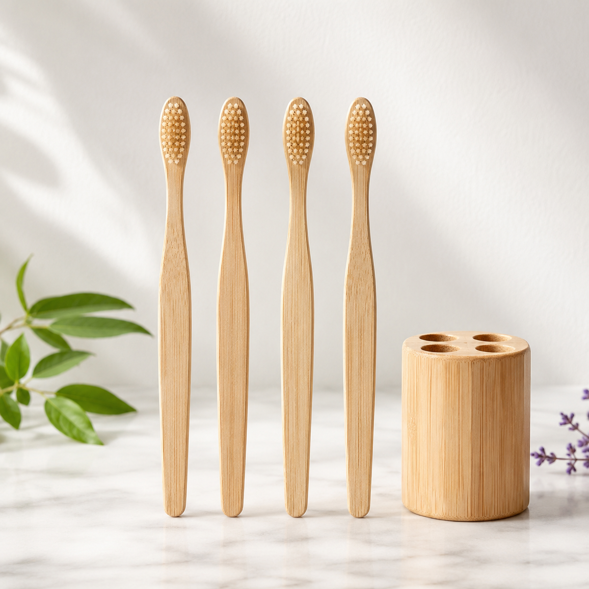 Bamboo Manual Toothbrush Set with Holder (4-Pack)