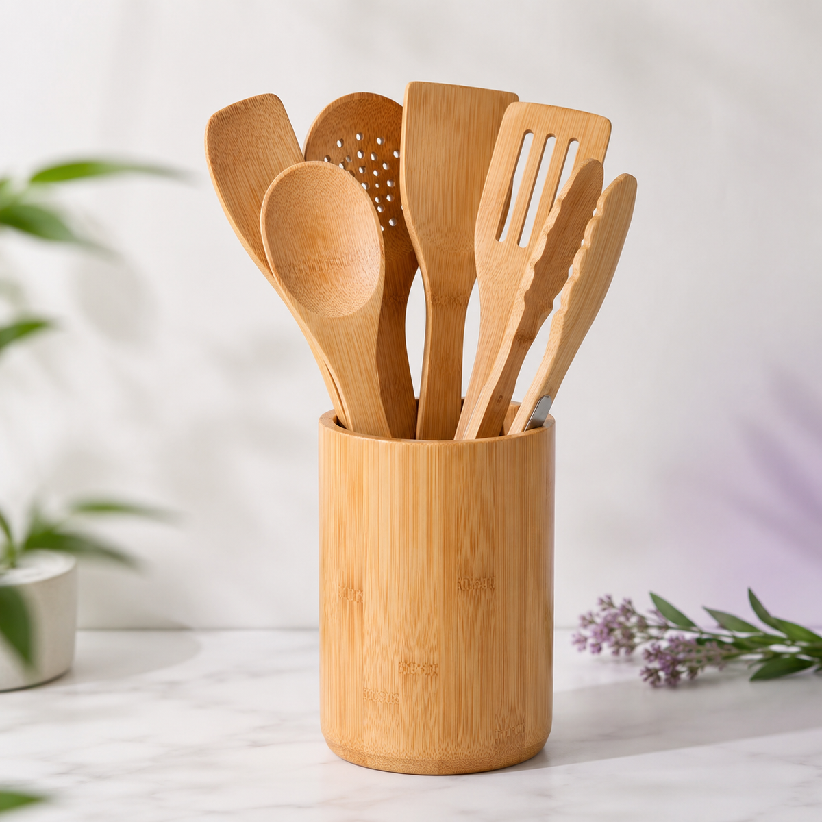 Bamboo Kitchen Utensil Set with Holder
